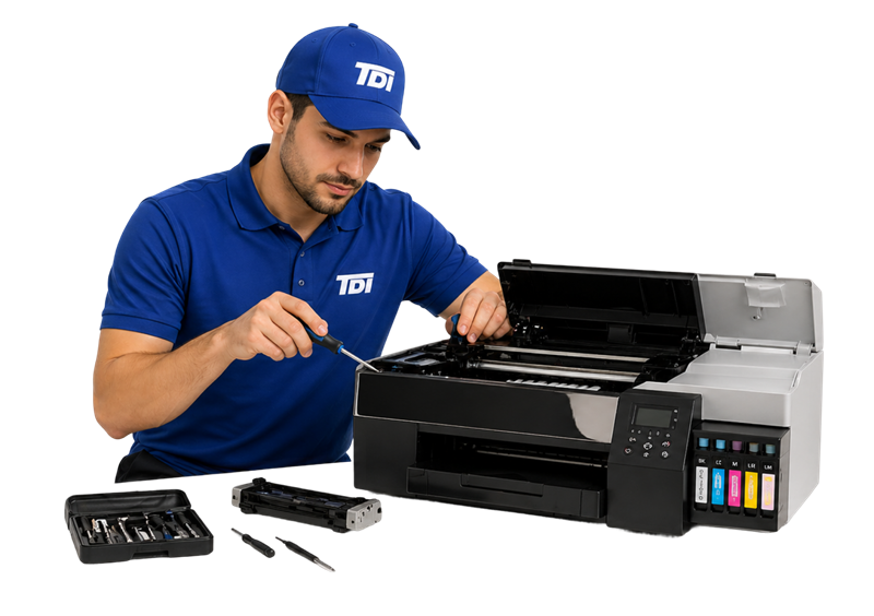 T&eacute;cnico de TDI reparando una impresora